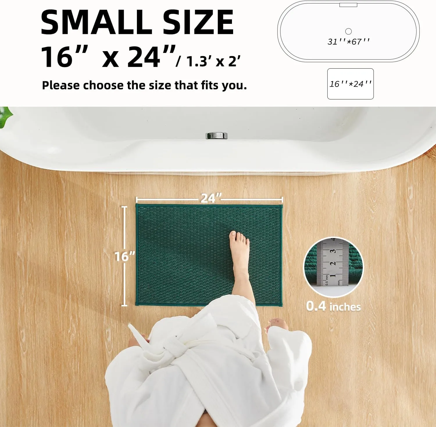 Bathroom Rugs Non Slip Washable, Super Absorbent Thin Bath Mat Small Quick Dry Low Pile Bathroom Rug, Dark Green 16"x24"