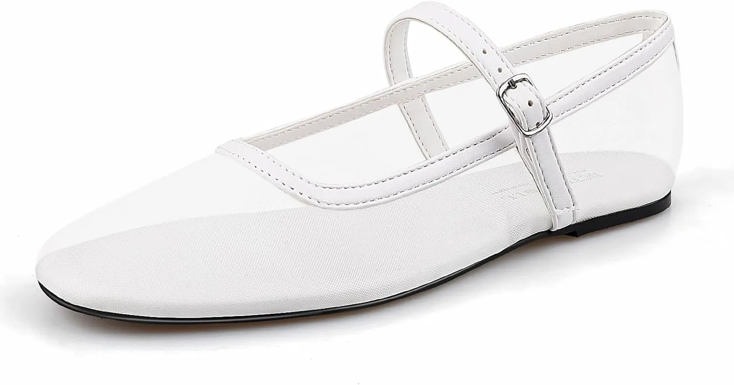 BCTEX COLL Mesh Ballet Flats Mary-Jane Ballerina Flats Square Toe Dressy Casual Shoes with Buckle Strap