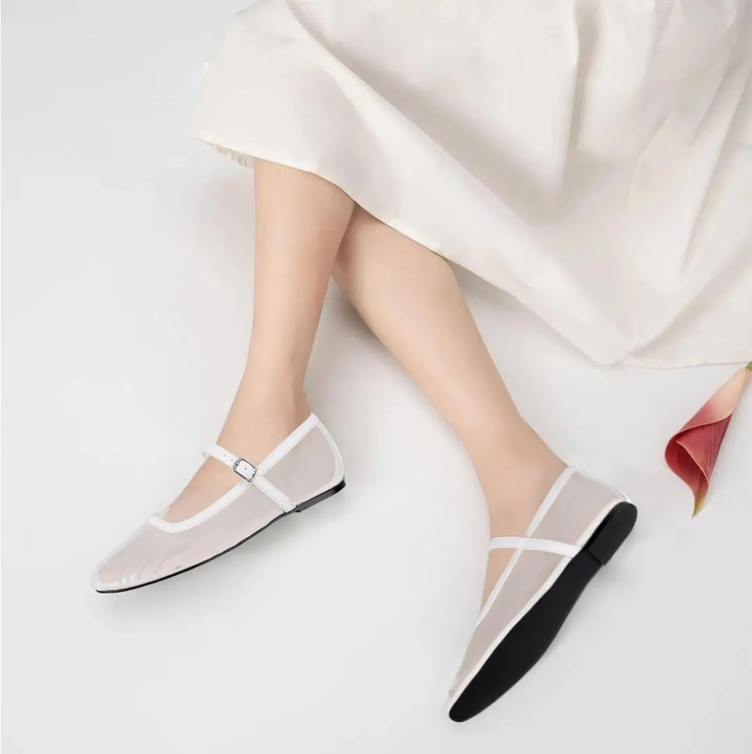 BCTEX COLL Mesh Ballet Flats Mary-Jane Ballerina Flats Square Toe Dressy Casual Shoes with Buckle Strap