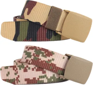 Belts for men women tactical camouflage nylon webbing belt with plastic buckle plus size up to 71", 2 Pcs