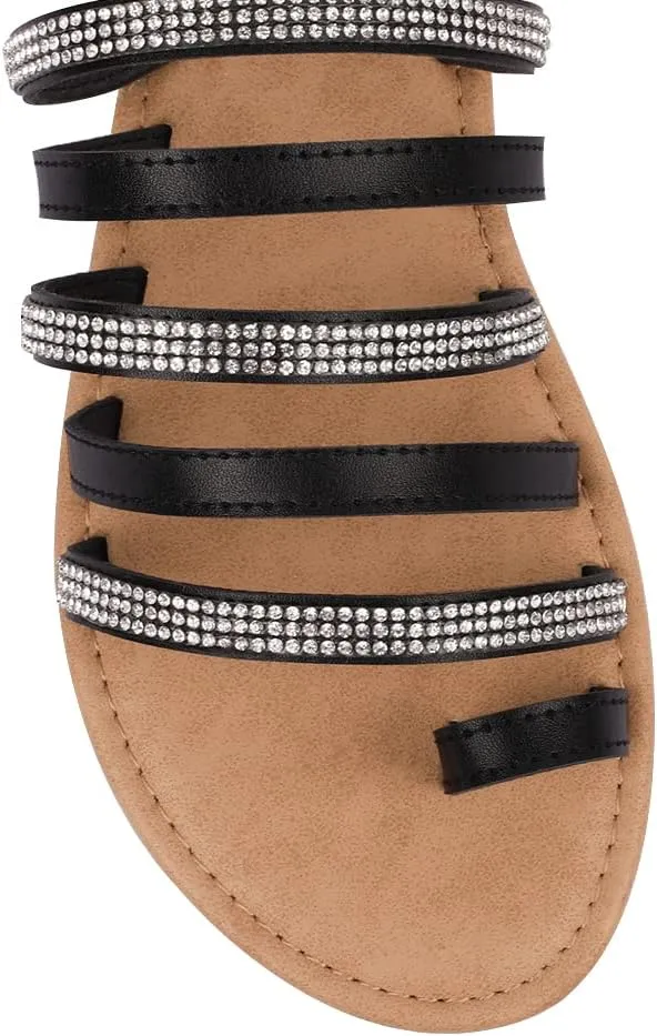 BENEKER Women's Strappy Slide Sandals Rhinestone Open Toe Gladiator Flat Sandals Slip On Toe Ring Slide Casual Summer Beach Sandals