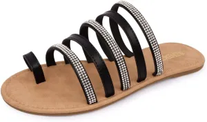 BENEKER Women's Strappy Slide Sandals Rhinestone Open Toe Gladiator Flat Sandals Slip On Toe Ring Slide Casual Summer Beach Sandals