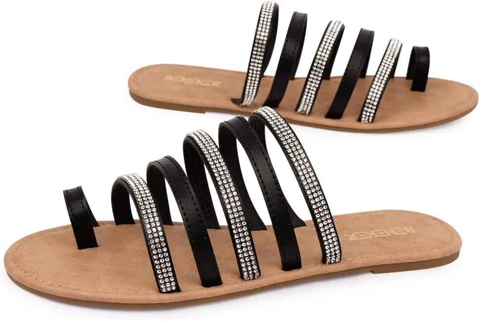BENEKER Women's Strappy Slide Sandals Rhinestone Open Toe Gladiator Flat Sandals Slip On Toe Ring Slide Casual Summer Beach Sandals