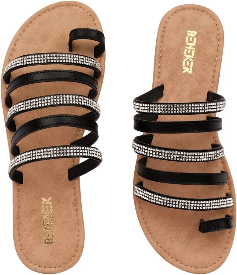 BENEKER Women's Strappy Slide Sandals Rhinestone Open Toe Gladiator Flat Sandals Slip On Toe Ring Slide Casual Summer Beach Sandals