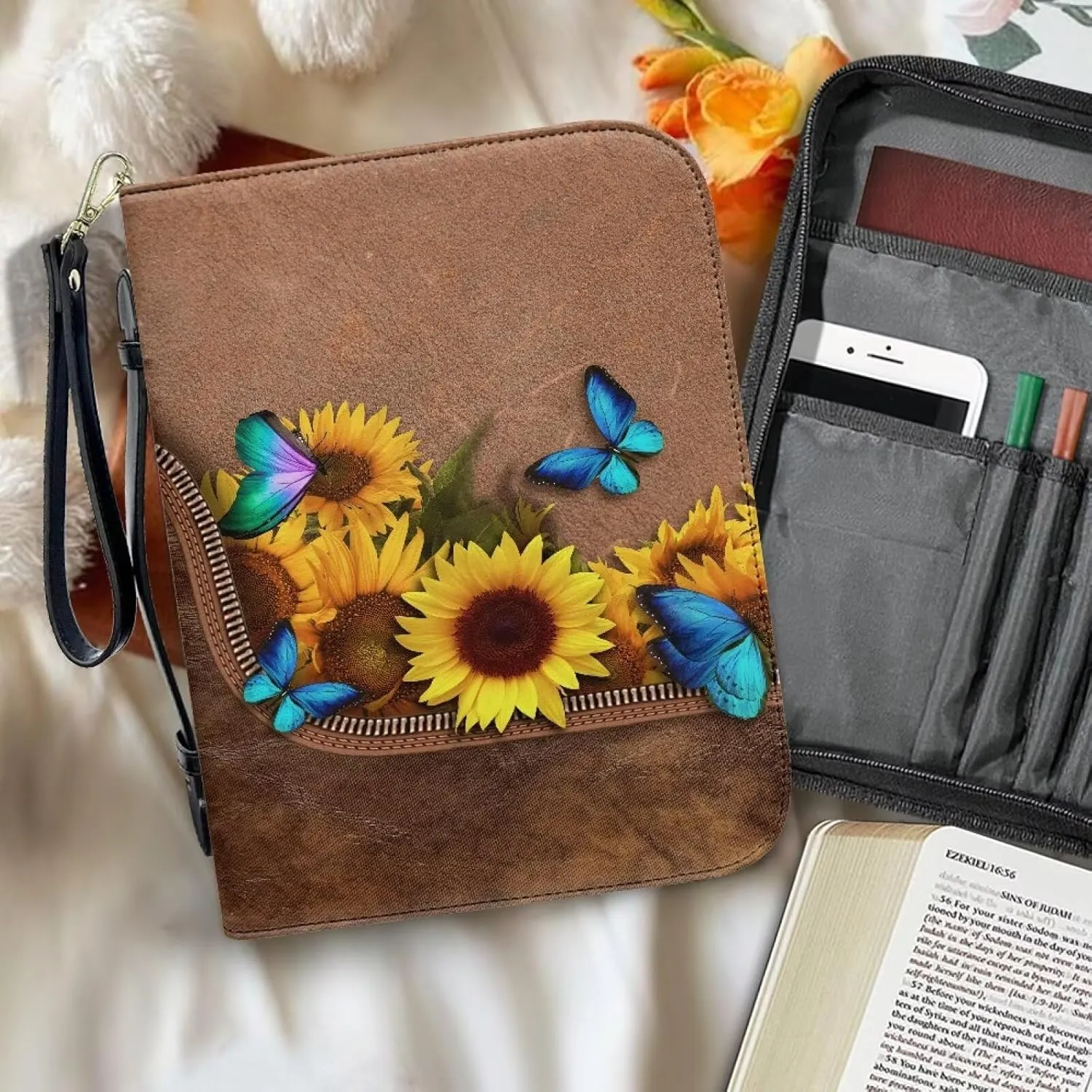 Bible Cover for Women Leather Bible Case with Black Ribbon Personalized Bible Study Supply Carrying Bag Tote
