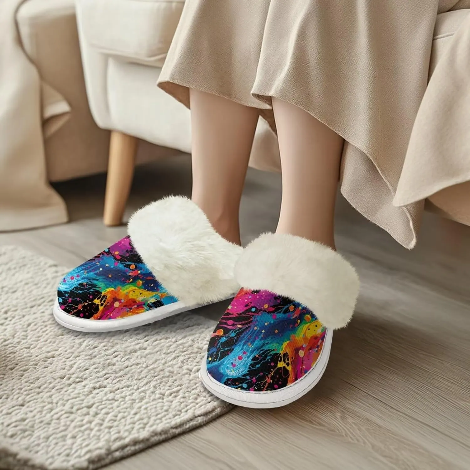 Binienty Women Bedroom Slippers Retro Winter Fuzzy Slippers Memory Foam Non-Slip Thin-Soled