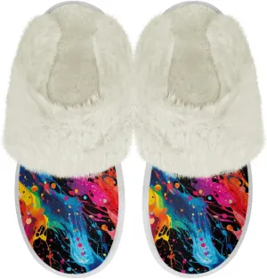 Binienty Women Bedroom Slippers Retro Winter Fuzzy Slippers Memory Foam Non-Slip Thin-Soled