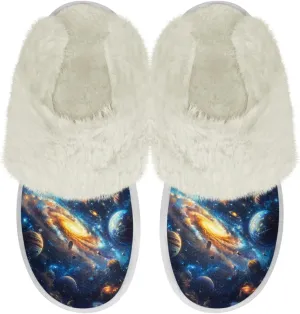 Binienty Women Bedroom Slippers Retro Winter Fuzzy Slippers Memory Foam Non-Slip Thin-Soled