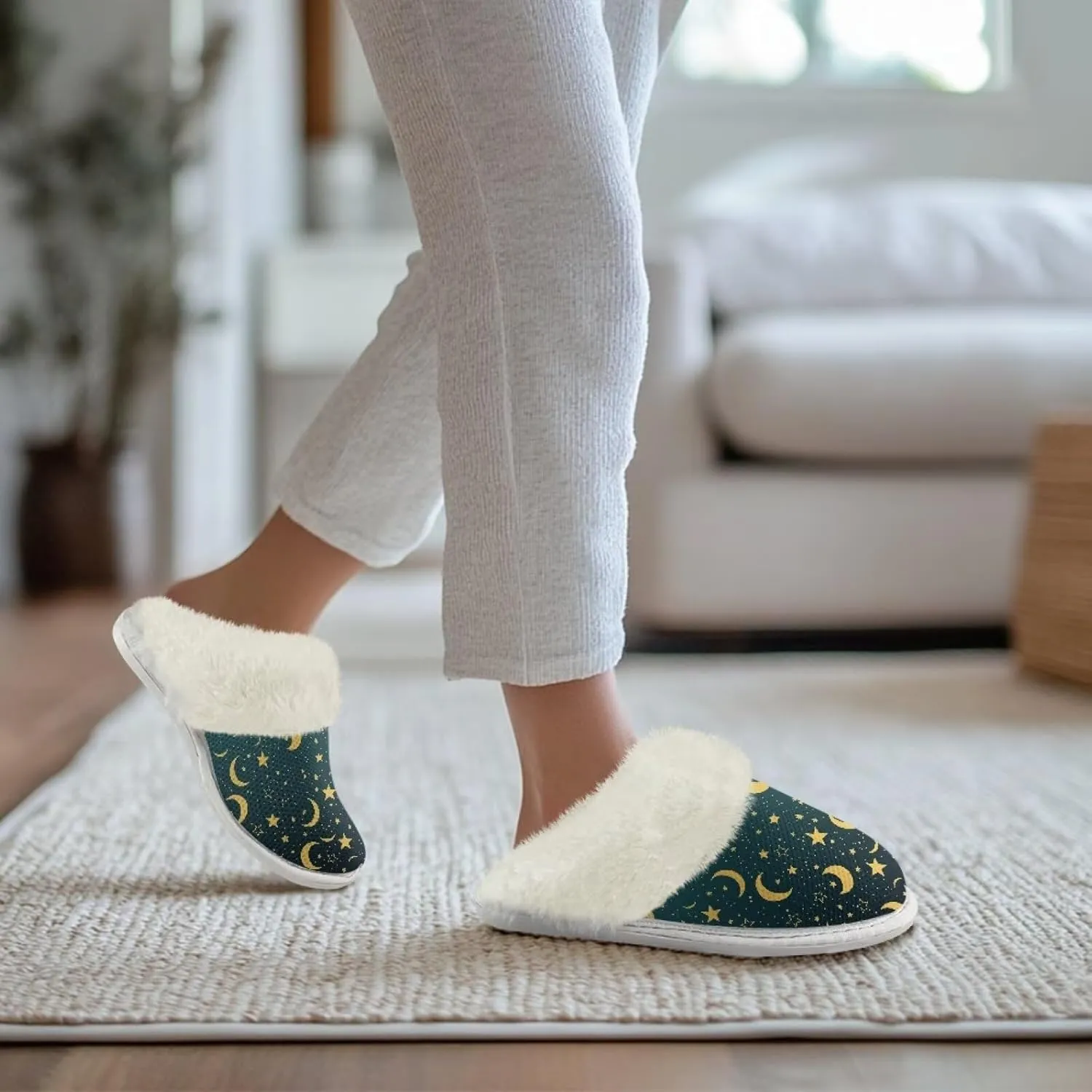 Binienty Women Bedroom Slippers Retro Winter Fuzzy Slippers Memory Foam Non-Slip Thin-Soled