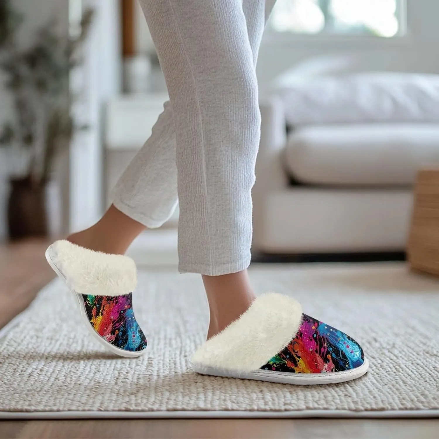 Binienty Women Bedroom Slippers Retro Winter Fuzzy Slippers Memory Foam Non-Slip Thin-Soled