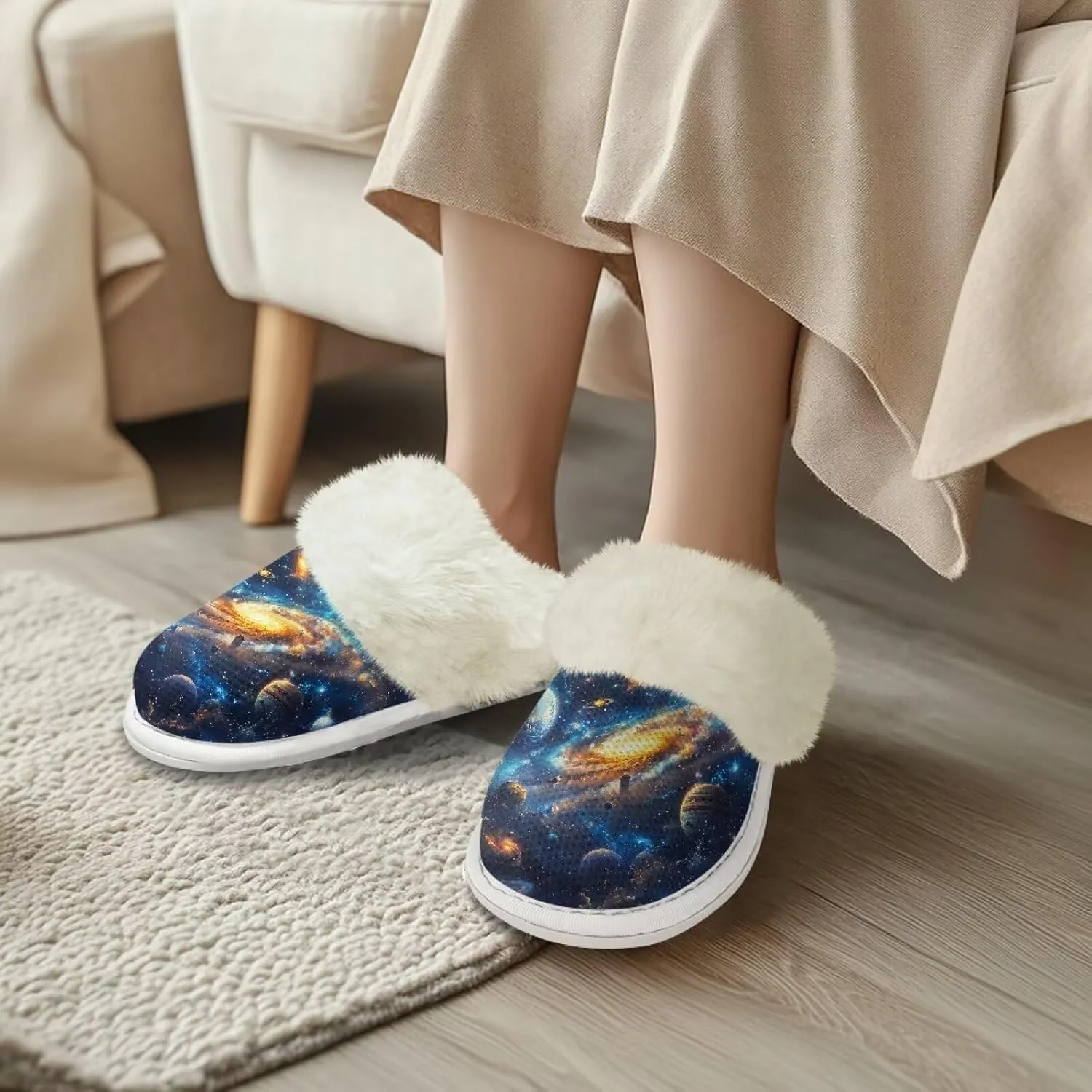 Binienty Women Bedroom Slippers Retro Winter Fuzzy Slippers Memory Foam Non-Slip Thin-Soled