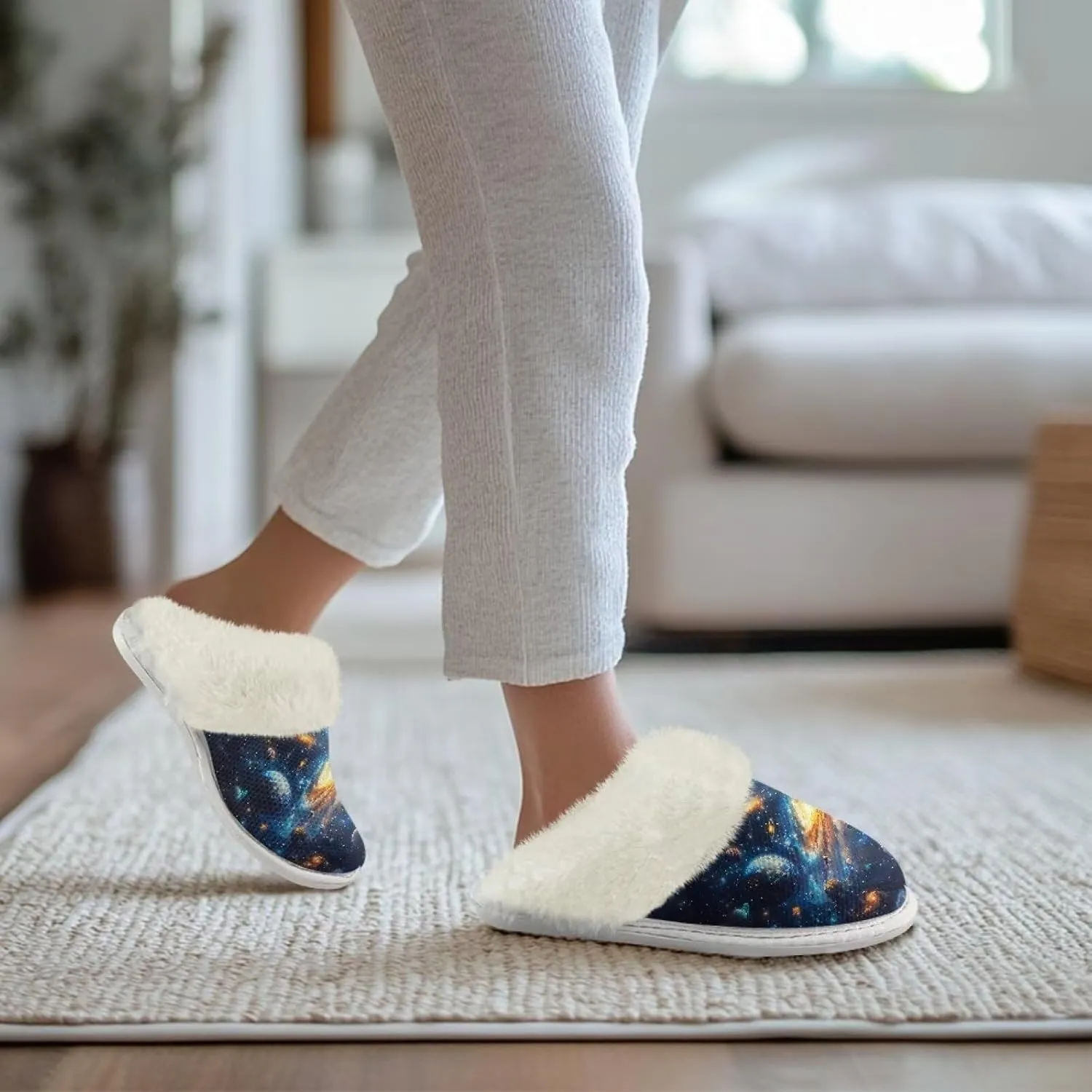 Binienty Women Bedroom Slippers Retro Winter Fuzzy Slippers Memory Foam Non-Slip Thin-Soled