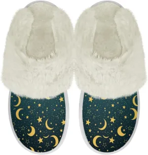 Binienty Women Bedroom Slippers Retro Winter Fuzzy Slippers Memory Foam Non-Slip Thin-Soled
