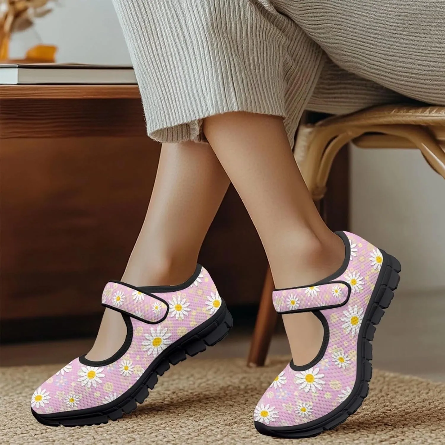 Binienty Womens Mary Jane Flats Cozy Soft Mesh Walking Sneaker Shoes with Ankle Strap Non Slip
