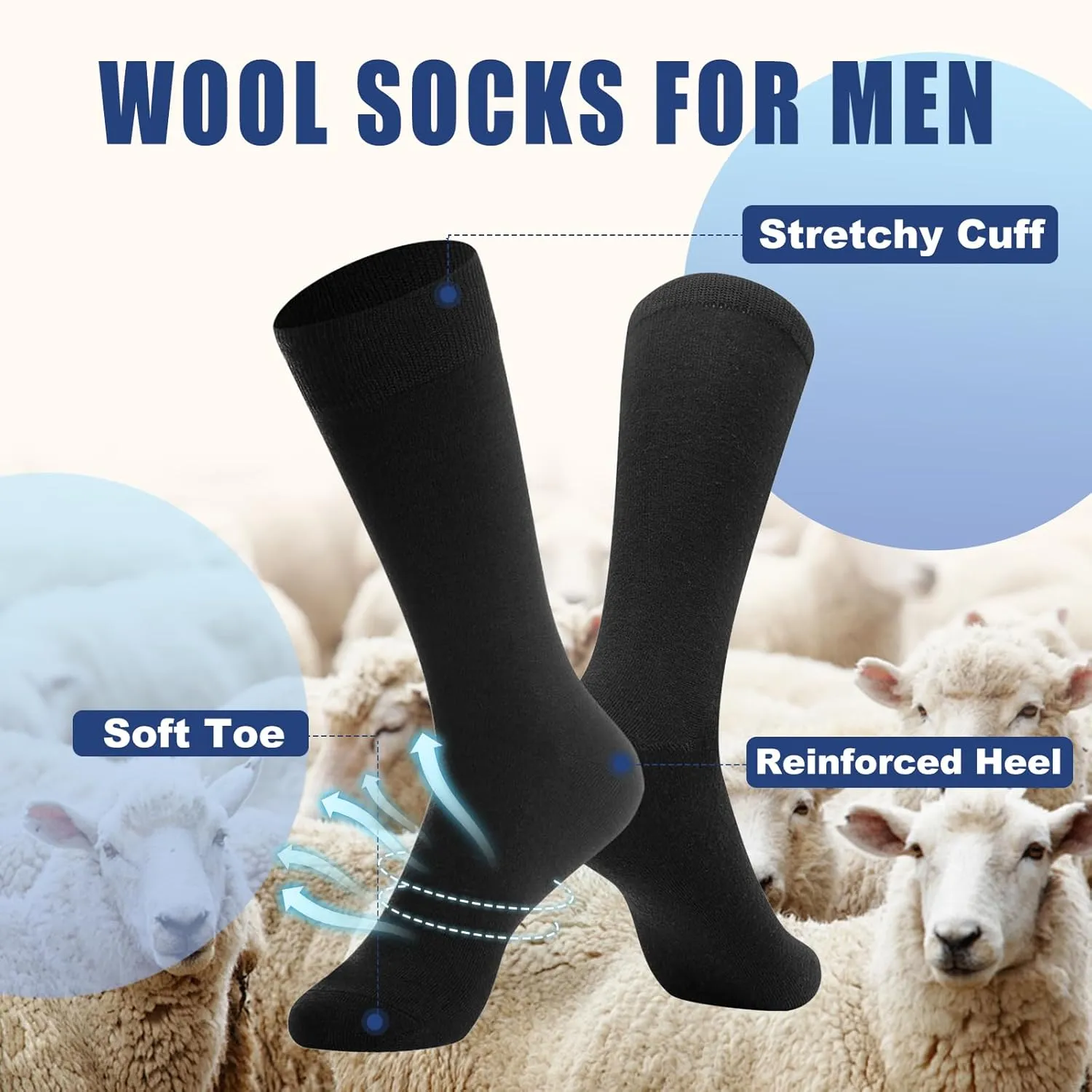 BISOUSOX Merino Wool Socks for Men, Smart Wool Socks Mens Thin Warm Black Dress Crew Long Tube Boot Socks Size 9-12