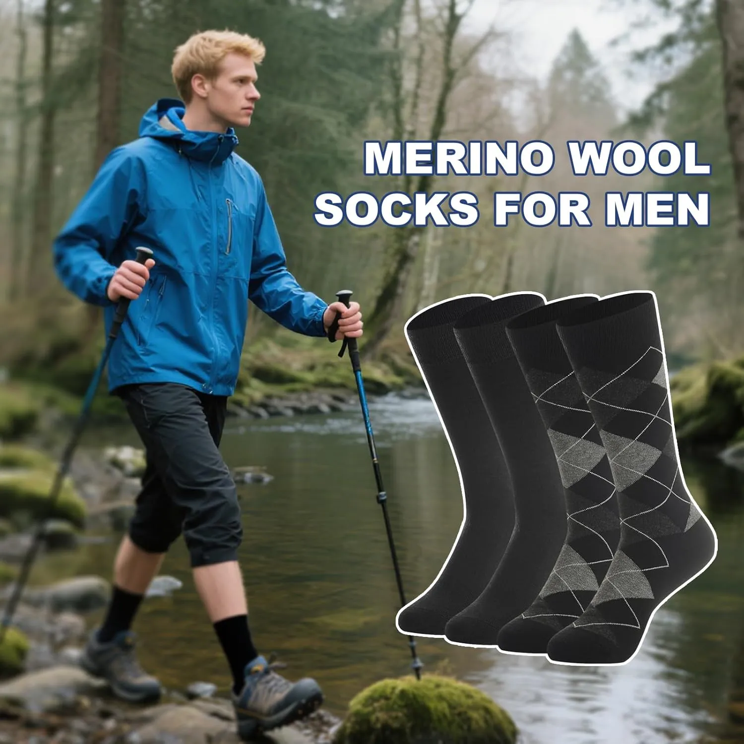 BISOUSOX Merino Wool Socks for Men, Smart Wool Socks Mens Thin Warm Black Dress Crew Long Tube Boot Socks Size 9-12