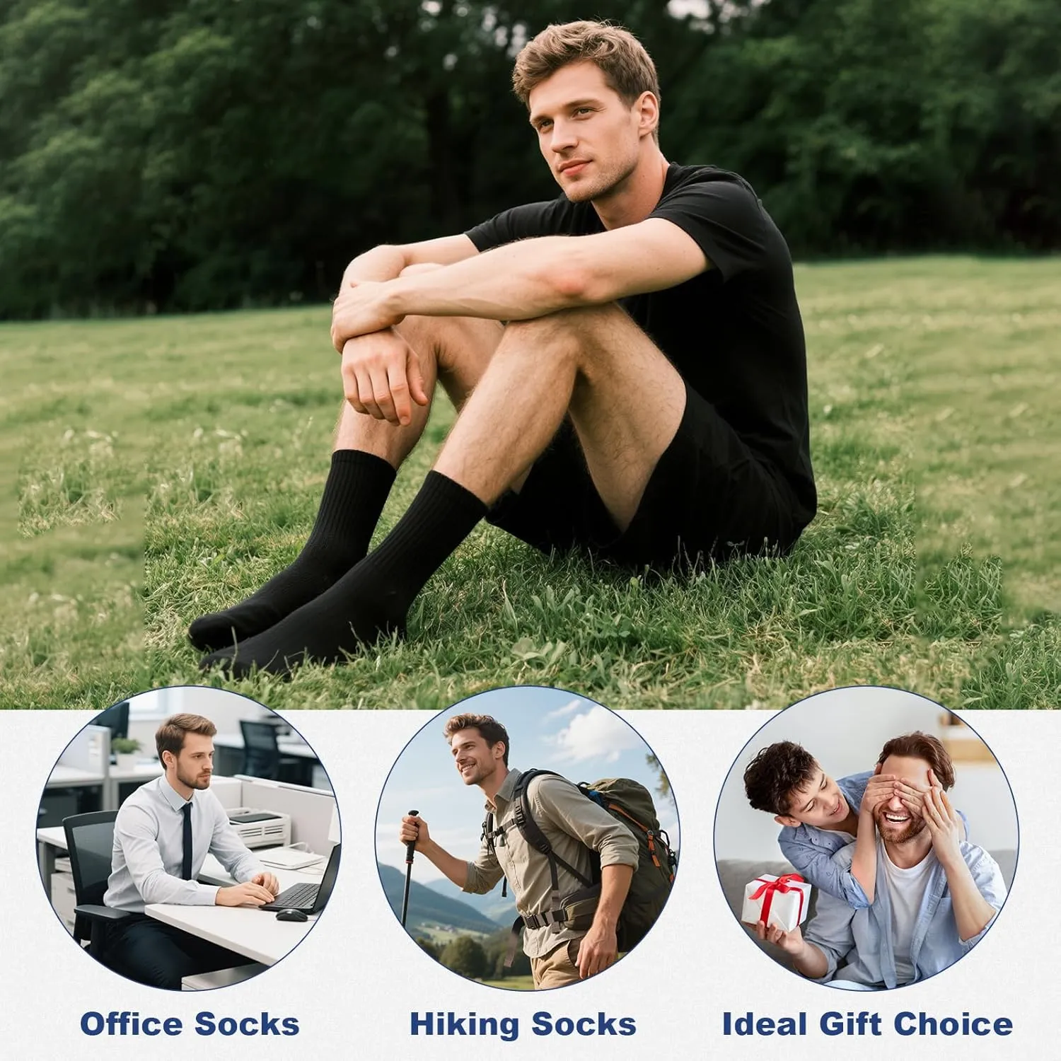 BISOUSOX Merino Wool Socks for Men, Smart Wool Socks Mens Thin Warm Black Dress Crew Long Tube Boot Socks Size 9-12
