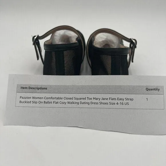 Black Mesh Closed Squared Toe Mary Jane Flats Easy Strap Buckled Shoes