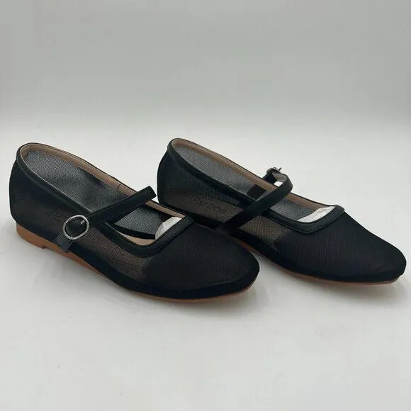 Black Mesh Closed Squared Toe Mary Jane Flats Easy Strap Buckled Shoes