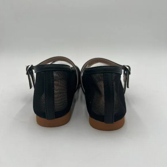 Black Mesh Closed Squared Toe Mary Jane Flats Easy Strap Buckled Shoes