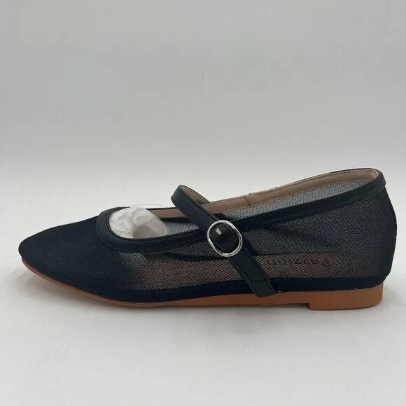 Black Mesh Closed Squared Toe Mary Jane Flats Easy Strap Buckled Shoes