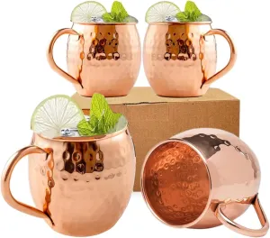 BOLD & DIVINE Authentic Moscow Mule Coper Mugs | Set of 4-100% Pure Coper Mugs 16 oz - Premium Moscow Mule Copper Cups Set of 4 - Solid Copper Cups Perfect Premium Gift