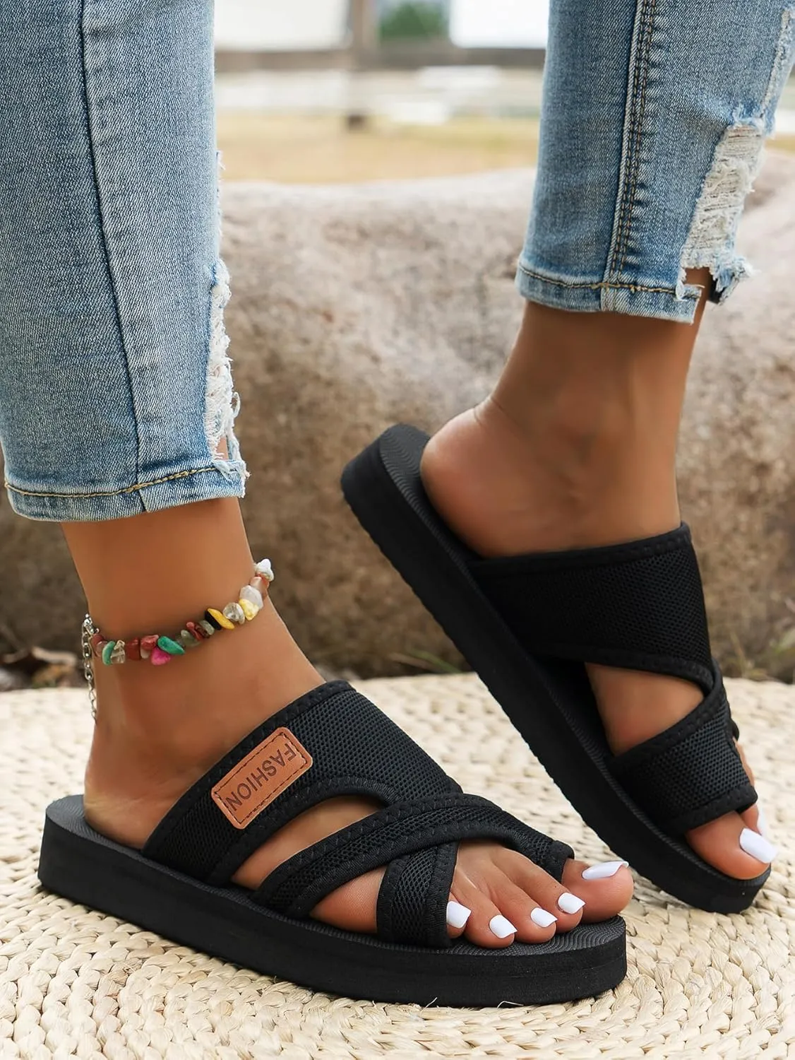 Breathable Mesh Slide Sandals For Women,Hollow Mesh Slide Sandals With Toe Loop, Summer Casual Mesh Flats Slippers