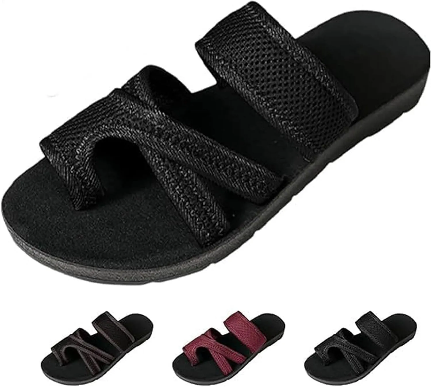 Breathable Mesh Slide Sandals, Hollow Mesh Slide Sandals, Hollow Mesh Slide Sandals With Toe Loop, Black