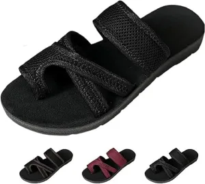Breathable Mesh Slide Sandals, Hollow Mesh Slide Sandals, Hollow Mesh Slide Sandals With Toe Loop, Black