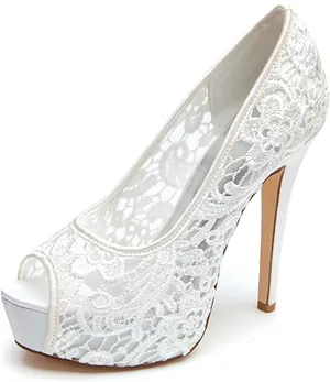 Bridal Wedding Shoes Women Lace Peep Toe Pumps High Heel Slip on Bridesmaid Shoes