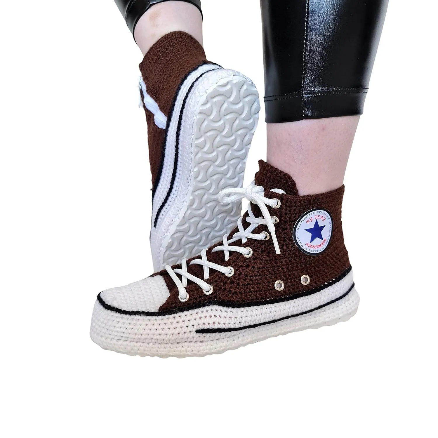 Brown Unisex Handmade Canvas Sneaker Slippers, Cozy Crochet Booties Rubber Sole Comfort & Style Plush House Shoes