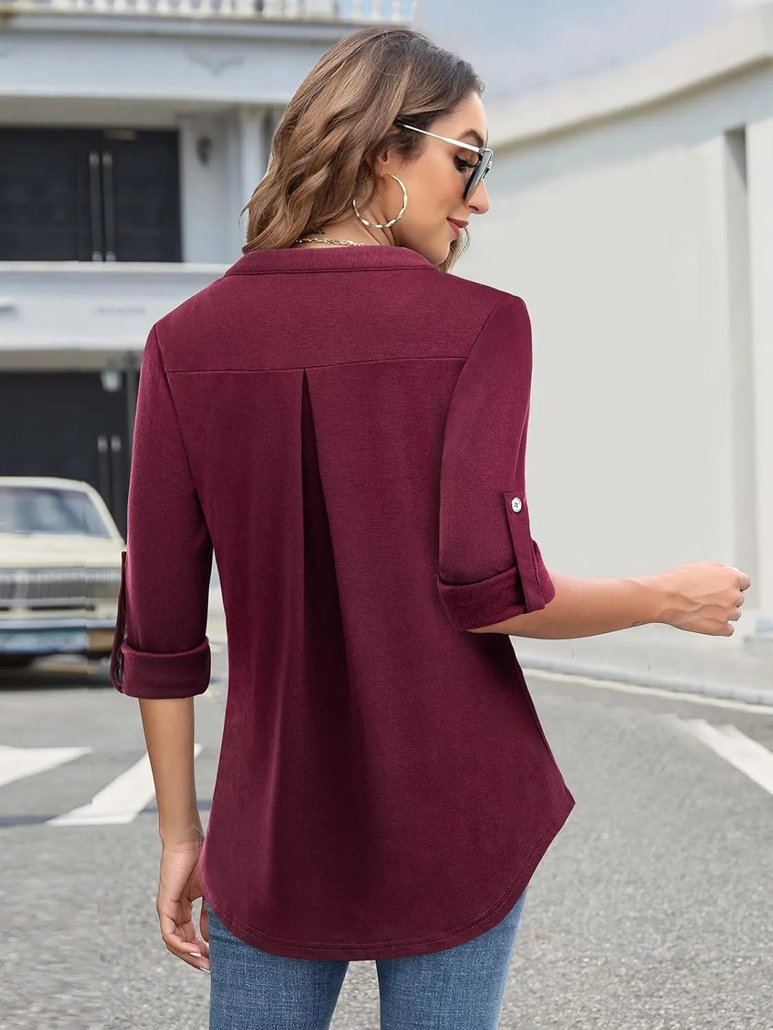 Bulotus Women's Zip Front V-Neck 3/4 Sleeve Tunic Casual Top