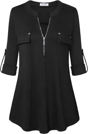 Bulotus Women's Zip Front V-Neck 3/4 Sleeve Tunic Casual Top