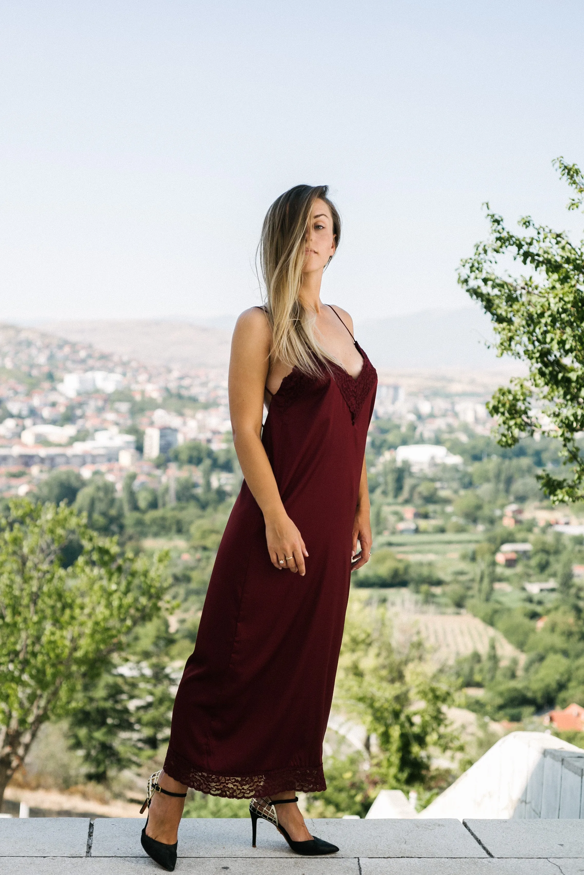 Burgundy Slip On Bareback Dress