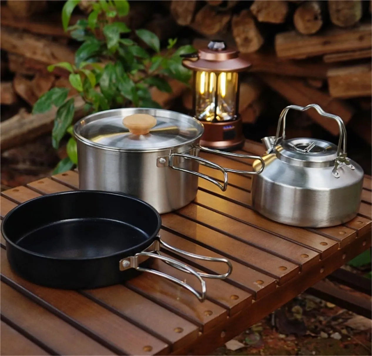 Camping Cookware Outdoor Stainless Steel Pot Set Camping Portable Kettle Soup Pot Non-Stick Frying Pan Camping Pot Survival Gear