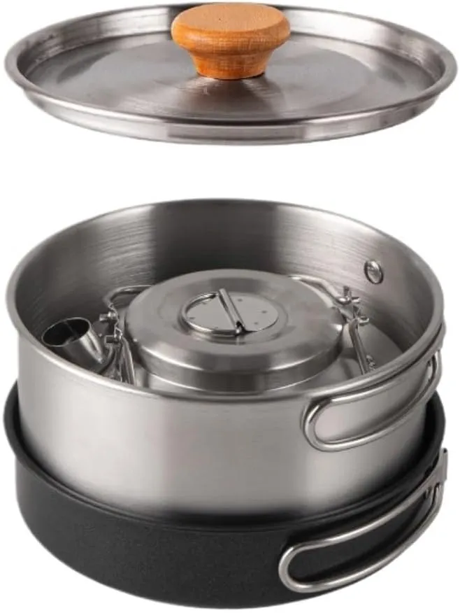 Camping Cookware Outdoor Stainless Steel Pot Set Camping Portable Kettle Soup Pot Non-Stick Frying Pan Camping Pot Survival Gear