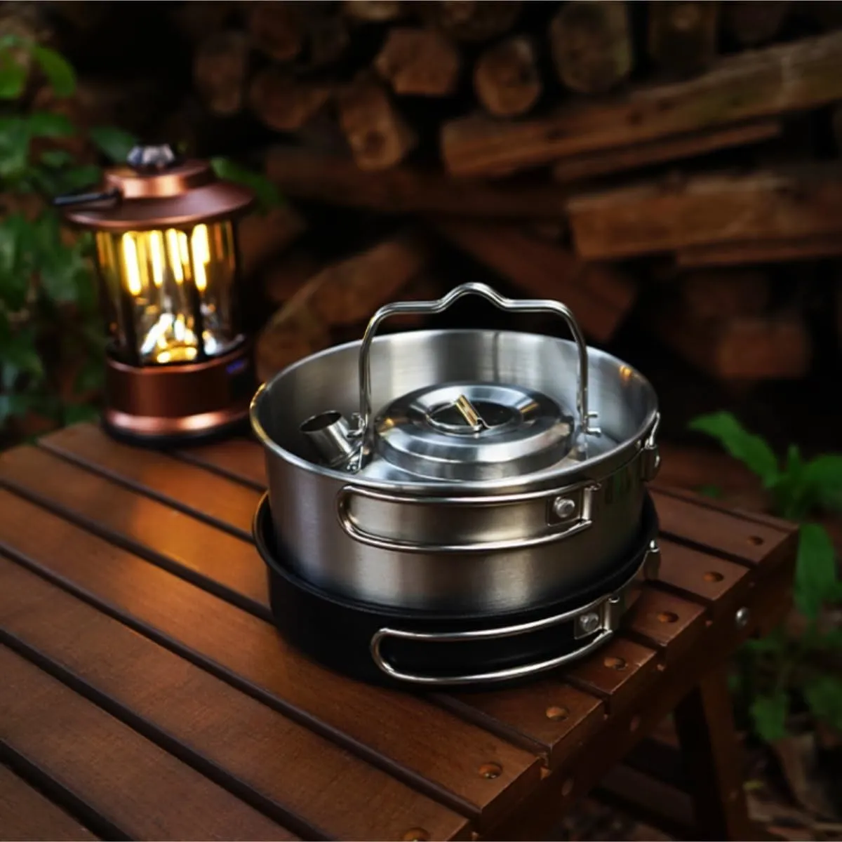 Camping Cookware Outdoor Stainless Steel Pot Set Camping Portable Kettle Soup Pot Non-Stick Frying Pan Camping Pot Survival Gear