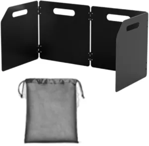 Camping Stove Windshield Outdoor Stove Windscreen Foldable Reusable Compact with Bag Zinc Alloy Plates for Backpacking BBQ, 50x24.8x25cm
