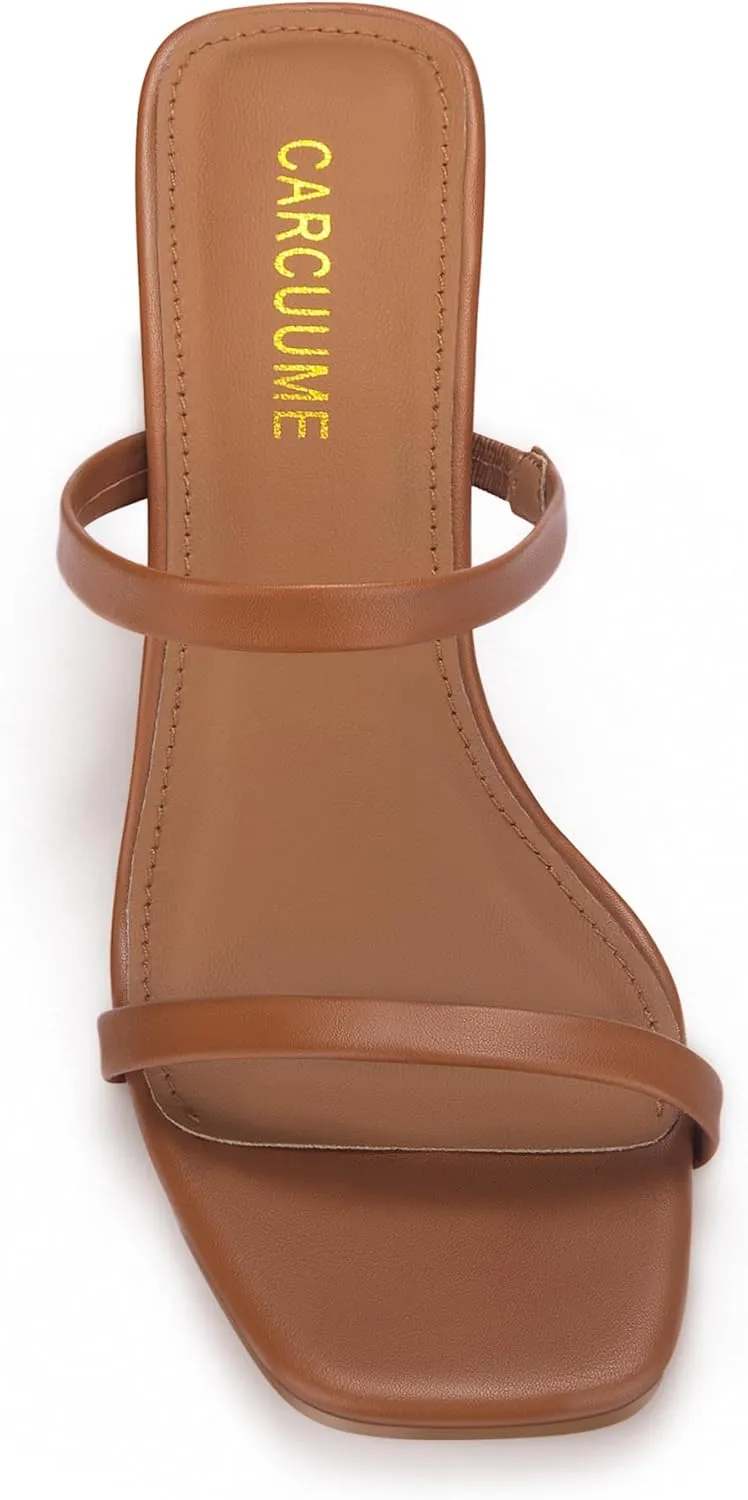 Carcuume Women's Square Toe Two Strap Open Toe Block Heels Sandals Slip On Shoes