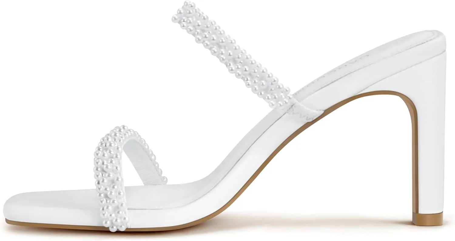 Carcuume Women's Square Toe Two Strap Open Toe Block Heels Sandals Slip On Shoes