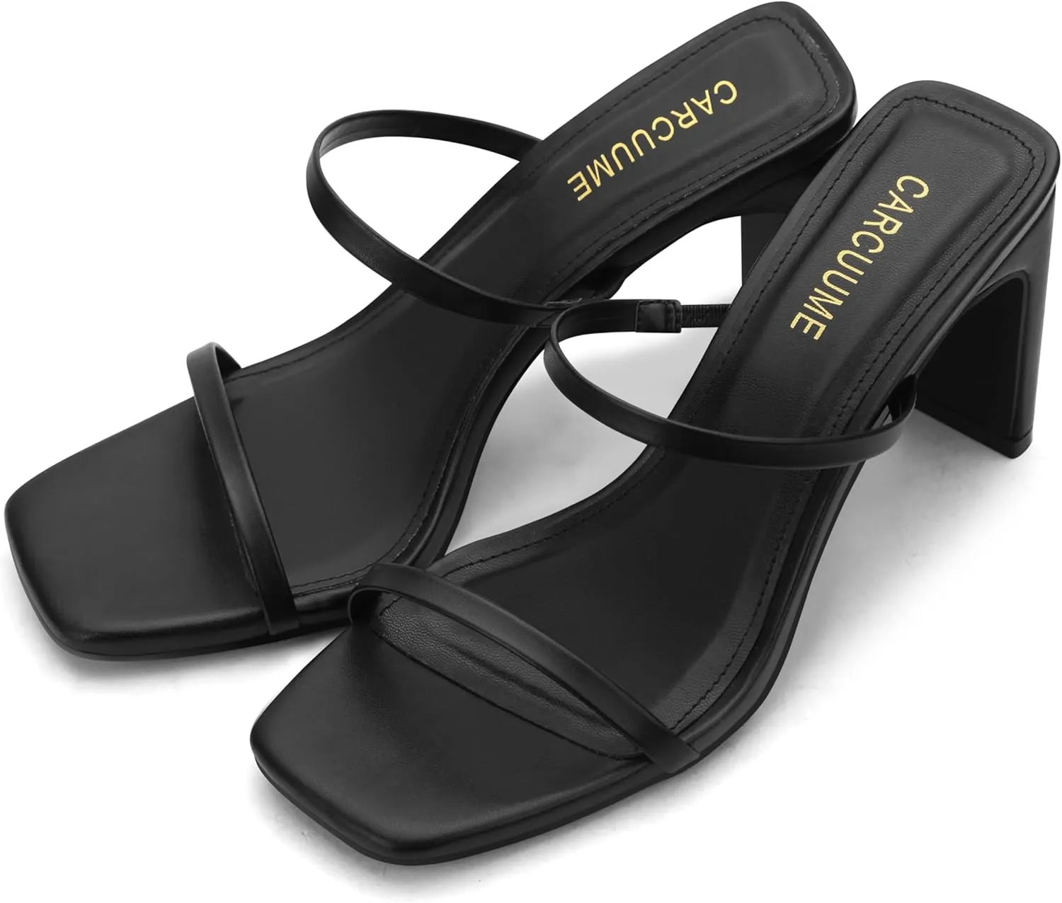 Carcuume Women's Square Toe Two Strap Open Toe Block Heels Sandals Slip On Shoes