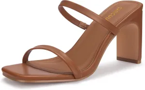 Carcuume Women's Square Toe Two Strap Open Toe Block Heels Sandals Slip On Shoes