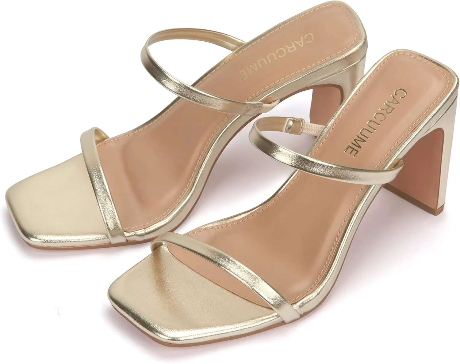 Carcuume Women's Square Toe Two Strap Open Toe Block Heels Sandals Slip On Shoes
