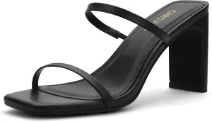 Carcuume Women's Square Toe Two Strap Open Toe Block Heels Sandals Slip On Shoes