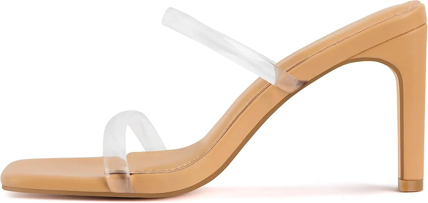 Carcuume Women's Square Toe Two Strap Open Toe Block Heels Sandals Slip On Shoes