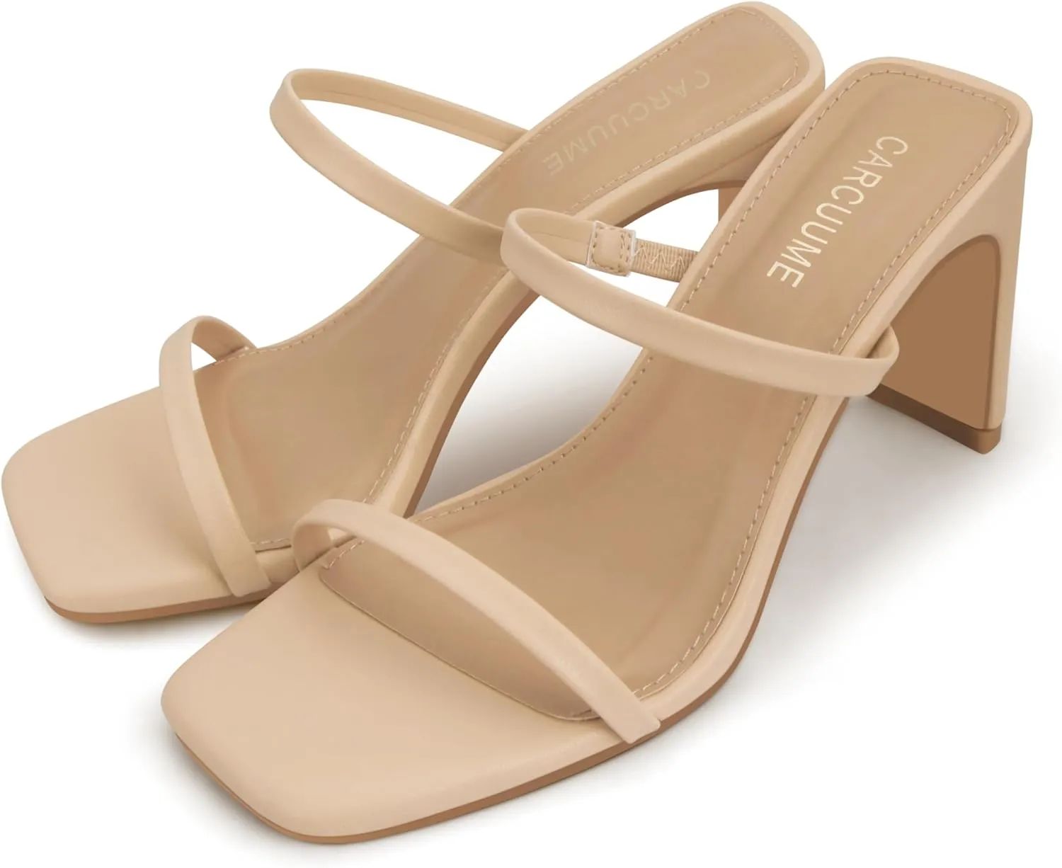Carcuume Women's Square Toe Two Strap Open Toe Block Heels Sandals Slip On Shoes