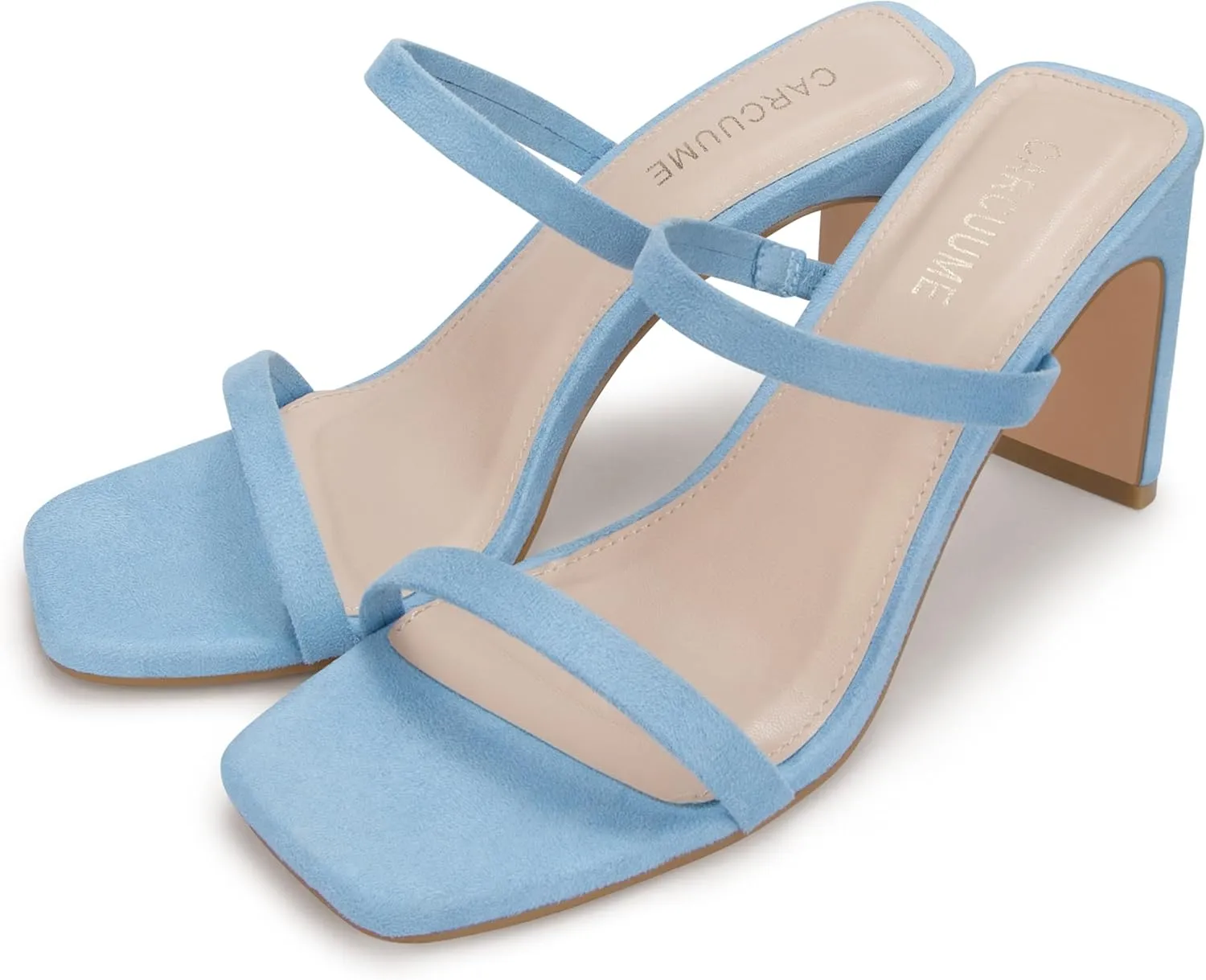 Carcuume Women's Square Toe Two Strap Open Toe Block Heels Sandals Slip On Shoes