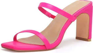 Carcuume Women's Square Toe Two Strap Open Toe Block Heels Sandals Slip On Shoes