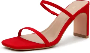 Carcuume Women's Square Toe Two Strap Open Toe Block Heels Sandals Slip On Shoes