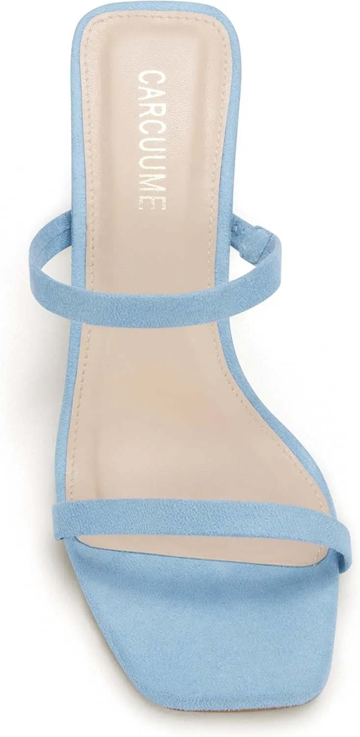 Carcuume Women's Square Toe Two Strap Open Toe Block Heels Sandals Slip On Shoes